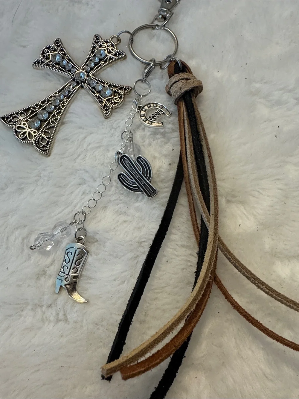 Silver Cross & Western Tassel Keychain